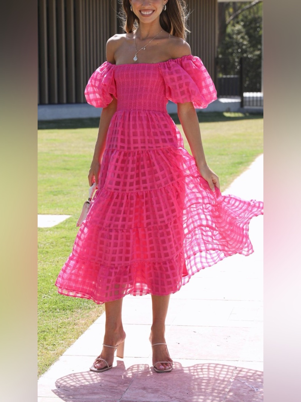 Off-Shoulder Hot Pink Smocked Tiered Midi Dress